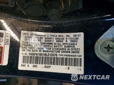 Zdjęcie 12 z 12 samochodu: 2008 HONDA CIVIC LX VIN:1HGFA16518L013576 - miniatura