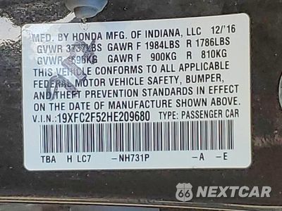 Zdjęcie 13 z 13 samochodu: 2017 HONDA CIVIC LX VIN:19XFC2F52HE209680 - miniatura