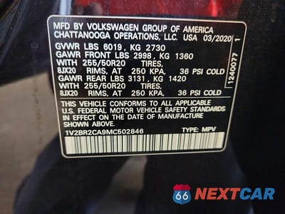 Zdjęcie 14 z 14 samochodu: 2021 VOLKSWAGEN ATLAS SEL VIN:1V2BR2CA9MC502846 - miniatura