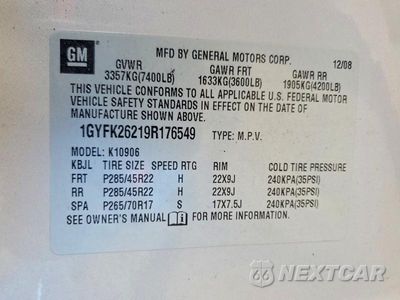 Zdjęcie 13 z 13 samochodu: 2009 CADILLAC ESCALADE ESV LUXURY VIN:1GYFK26219R176549 - miniatura
