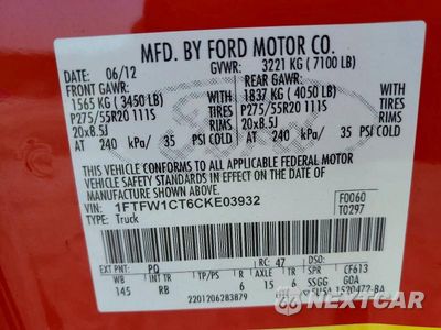 Zdjęcie 12 z 12 samochodu: 2012 FORD F150 SUPERCREW VIN:1FTFW1CT6CKE03932 - miniatura