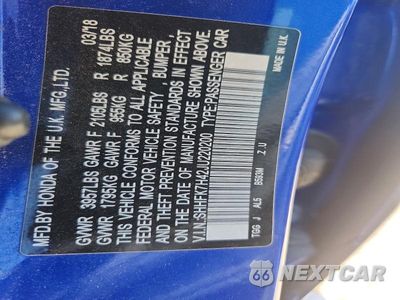 Zdjęcie 12 z 12 samochodu: 2018 HONDA CIVIC SPORT VIN:SHHFK7H42JU220200 - miniatura