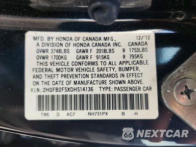 Zdjęcie 13 z 13 samochodu: 2013 HONDA CIVIC LX VIN:2HGFB2F5XDH514136 - miniatura