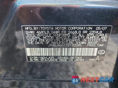 Zdjęcie 12 z 12 samochodu: 2007 LEXUS ES 350 VIN:JTHBJ46G172132585 - miniatura