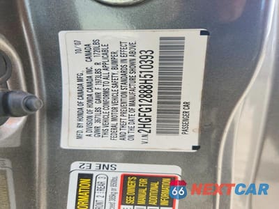 Zdjęcie 12 z 12 samochodu: 2008 HONDA CIVIC EX VIN:2HGFG12888H510393 - miniatura