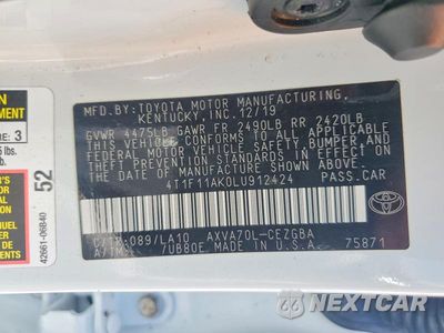 Zdjęcie 12 z 12 samochodu: 2020 TOYOTA CAMRY XLE VIN:4T1F11AK0LU912424 - miniatura