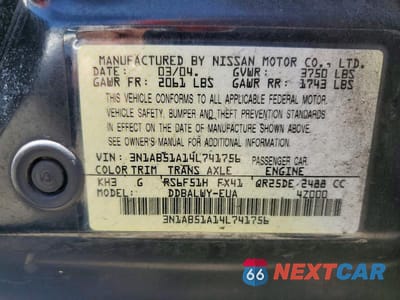 Zdjęcie 13 z 13 samochodu: 2004 NISSAN SENTRA 2.5S VIN:3N1AB51A14L741756 - miniatura