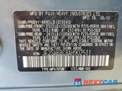 Zdjęcie 14 z 14 samochodu: 2010 SUBARU FORESTER XS VIN:JF2SH6BC8AH902511 - miniatura