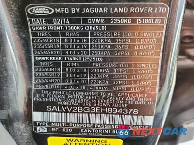 Zdjęcie 14 z 14 samochodu: 2014 LAND ROVER RANGE ROVER EVOQUE PRESTIGE PREMIUM VIN:SALVV2BG3EH894378 - miniatura
