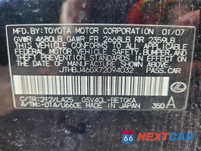 Zdjęcie 12 z 12 samochodu: 2007 LEXUS ES 350 VIN:JTHBJ46GX72094032 - miniatura