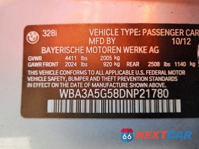 Zdjęcie 12 z 12 samochodu: 2013 BMW 328 I VIN:WBA3A5G58DNP21780 - miniatura
