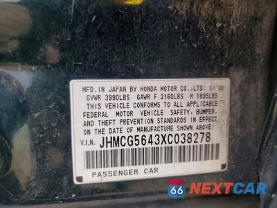 Zdjęcie 12 z 12 samochodu: 1999 HONDA ACCORD LX VIN:JHMCG5643XC038278 - miniatura