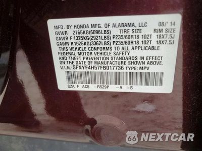 Zdjęcie 13 z 13 samochodu: 2015 HONDA PILOT EXL VIN:5FNYF4H57FB017736 - miniatura