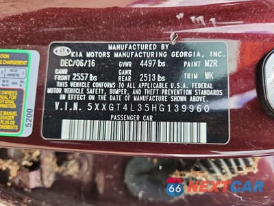 Zdjęcie 12 z 12 samochodu: 2017 KIA OPTIMA LX VIN:5XXGT4L35HG139960 - miniatura