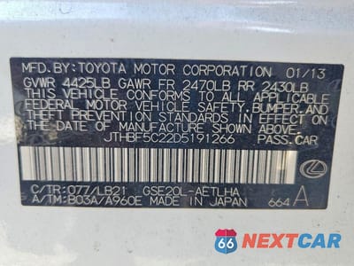 Zdjęcie 12 z 12 samochodu: 2013 LEXUS IS 250 VIN:JTHBF5C22D5191266 - miniatura