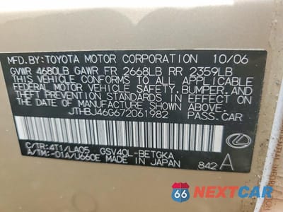 Zdjęcie 12 z 12 samochodu: 2007 LEXUS ES 350 VIN:JTHBJ46G672061982 - miniatura