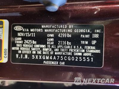 Zdjęcie 12 z 12 samochodu: 2012 KIA OPTIMA LX VIN:5XXGM4A75CG025551 - miniatura