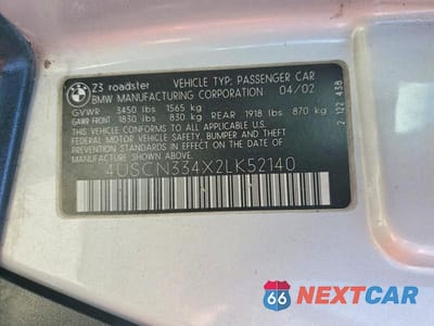 Zdjęcie 12 z 12 samochodu: 2002 BMW Z3 2.5 VIN:4USCN334X2LK52140 - miniatura