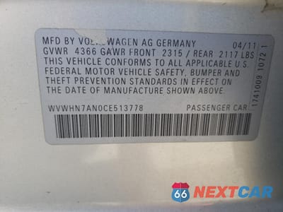 Zdjęcie 15 z 15 samochodu: 2012 VOLKSWAGEN CC LUXURY VIN:WVWHN7AN0CE513778 - miniatura