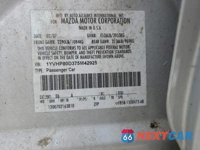 Zdjęcie 12 z 12 samochodu: 2007 MAZDA 6 S VIN:1YVHP80D375M42925 - miniatura