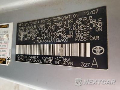 Zdjęcie 12 z 12 samochodu: 2008 TOYOTA CAMRY LE VIN:JTNBK46K483036900 - miniatura