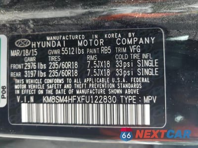 Zdjęcie 13 z 13 samochodu: 2015 HYUNDAI SANTA FE GLS VIN:KM8SM4HFXFU122830 - miniatura