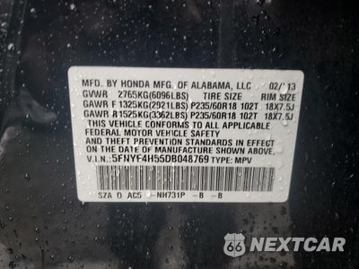 Zdjęcie 13 z 13 samochodu: 2013 HONDA PILOT EXL VIN:5FNYF4H55DB048769 - miniatura
