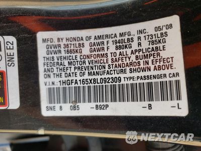 Zdjęcie 14 z 14 samochodu: 2008 HONDA CIVIC LX VIN:1HGFA165X8L092309 - miniatura