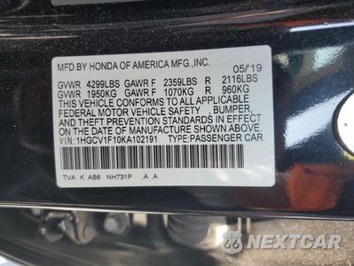 Zdjęcie 12 z 12 samochodu: 2019 HONDA ACCORD LX VIN:1HGCV1F10KA102191 - miniatura