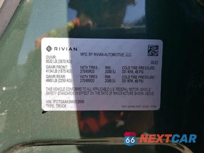 Zdjęcie 12 z 12 samochodu: 2022 RIVIAN R1T ADVENTURE VIN:7FCTGAAA3NN012699 - miniatura