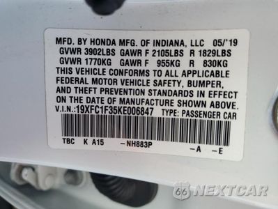 Zdjęcie 12 z 12 samochodu: 2019 HONDA CIVIC EX VIN:19XFC1F35KE006847 - miniatura