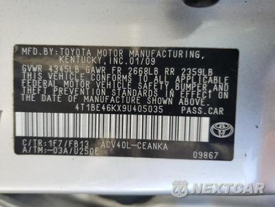 Zdjęcie 12 z 12 samochodu: 2009 TOYOTA CAMRY BASE VIN:4T1BE46KX9U405035 - miniatura