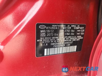 Zdjęcie 13 z 13 samochodu: 2012 HYUNDAI ELANTRA GLS VIN:KMHDH4AE4CU490107 - miniatura