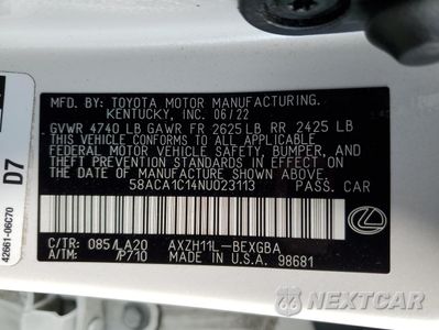 Zdjęcie 12 z 15 samochodu: 2022 LEXUS ES 300H BASE VIN:58ACA1C14NU023113 - miniatura