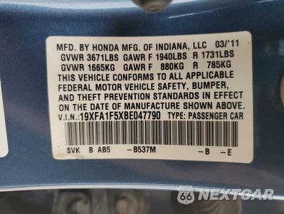 Zdjęcie 13 z 13 samochodu: 2011 HONDA CIVIC LX VIN:19XFA1F5XBE047790 - miniatura