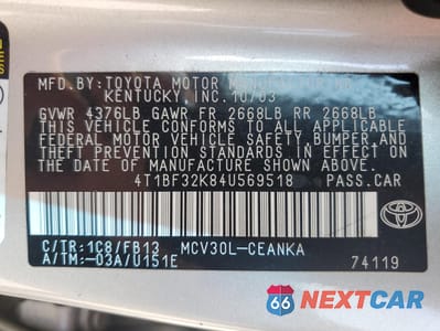 Zdjęcie 12 z 14 samochodu: 2004 TOYOTA CAMRY LE VIN:4T1BF32K84U569518 - miniatura