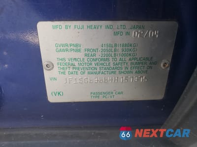 Zdjęcie 12 z 12 samochodu: 2004 SUBARU FORESTER 2.5X VIN:JF1SG63664H757375 - miniatura