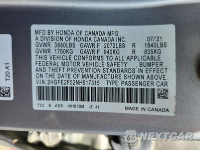Zdjęcie 12 z 15 samochodu: 2022 HONDA CIVIC SPORT VIN:2HGFE2F52NH517315 - miniatura