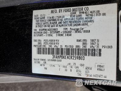 Zdjęcie 12 z 12 samochodu: 2012 FORD FUSION SPORT VIN:3FAHP0KC4CR259803 - miniatura