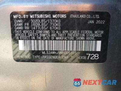 Zdjęcie 13 z 13 samochodu: 2022 MITSUBISHI MIRAGE SE VIN:ML32AWHJ9NH005165 - miniatura