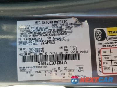 Zdjęcie 12 z 12 samochodu: 2012 LINCOLN MKZ VIN:3LNHL2JCXCR836915 - miniatura