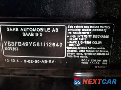 Zdjęcie 12 z 12 samochodu: 2008 SAAB 9-3 2.0T VIN:YS3FB49Y581112649 - miniatura
