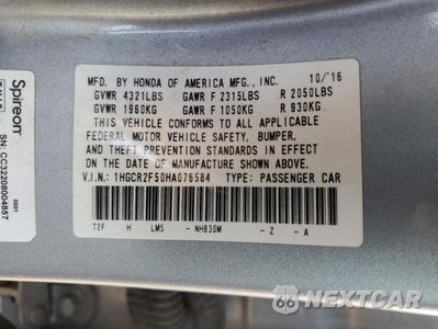 Zdjęcie 13 z 13 samochodu: 2017 HONDA ACCORD SPORT VIN:1HGCR2F50HA076584 - miniatura