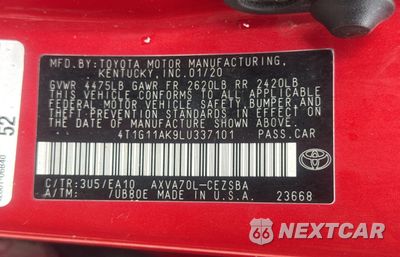 Zdjęcie 10 z 11 samochodu: 2020 TOYOTA CAMRY SE VIN:4T1G11AK9LU337101 - miniatura