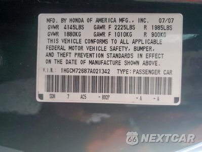 Zdjęcie 12 z 12 samochodu: 2007 HONDA ACCORD EX VIN:1HGCM72687A021342 - miniatura