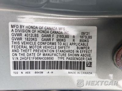 Zdjęcie 12 z 15 samochodu: 2022 HONDA CIVIC TOURING VIN:2HGFE1F96NH308690 - miniatura