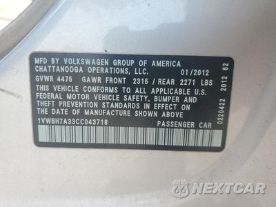 Zdjęcie 12 z 12 samochodu: 2012 VOLKSWAGEN PASSAT SE VIN:1VWBH7A33CC043718 - miniatura