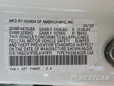 Zdjęcie 12 z 12 samochodu: 2020 HONDA ACCORD SPORT VIN:1HGCV1F35LA141815 - miniatura