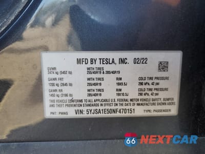 Zdjęcie 12 z 12 samochodu: 2022 TESLA MODEL S VIN:5YJSA1E50NF470151 - miniatura