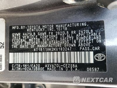 Zdjęcie 13 z 15 samochodu: 2019 TOYOTA CAMRY L VIN:4T1B11HK2KU183247 - miniatura